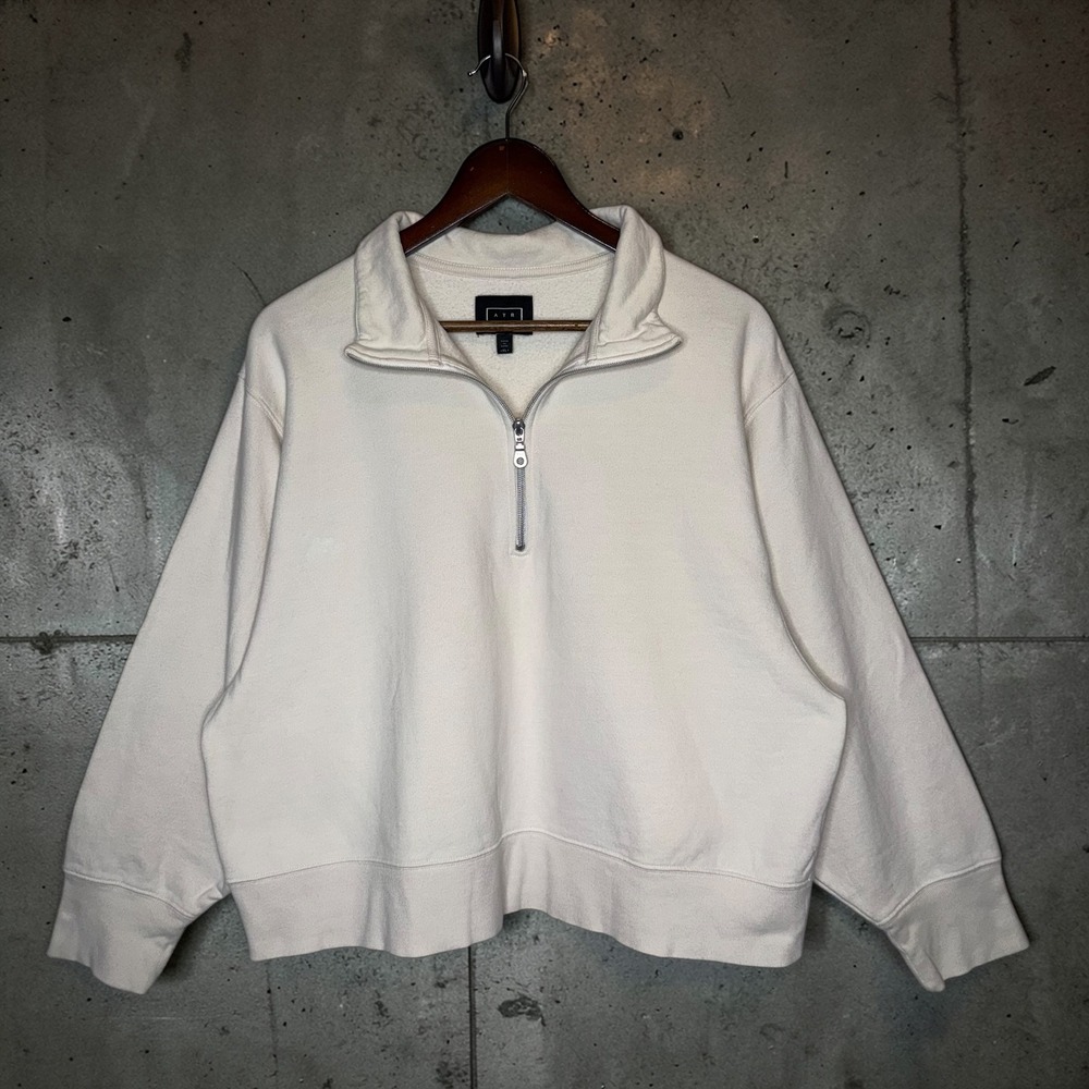 AYR Quarter Zip Pullover Sweatshirt Cream‎ Minimalist Bone Cotton Fleece size XL